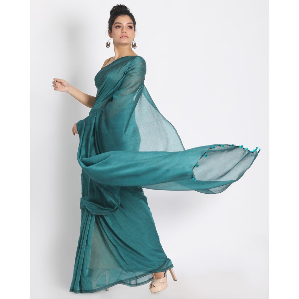 Women's Handspun Cotton Teal Handloom Saree - Piyari Fashion