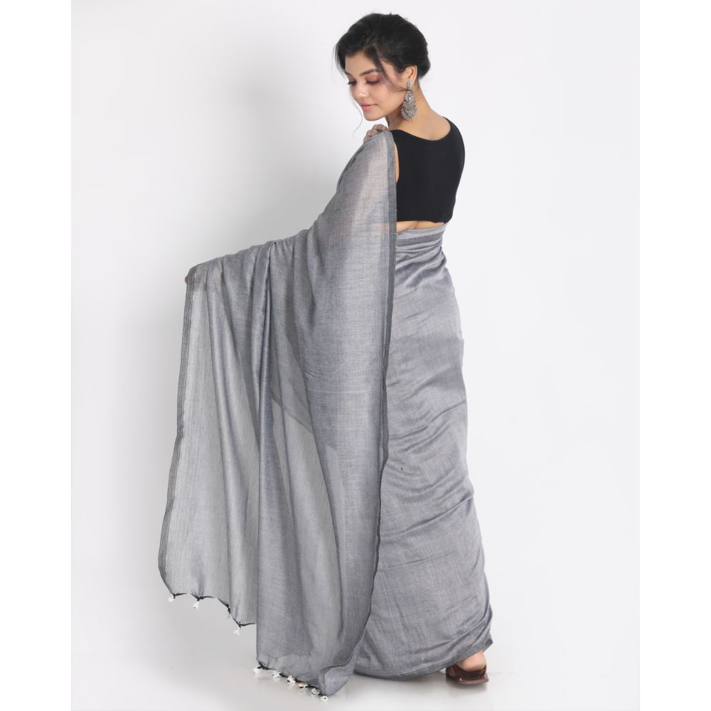 Women's Handspun Cotton Silver Grey Handloom Saree - Piyari Fashion