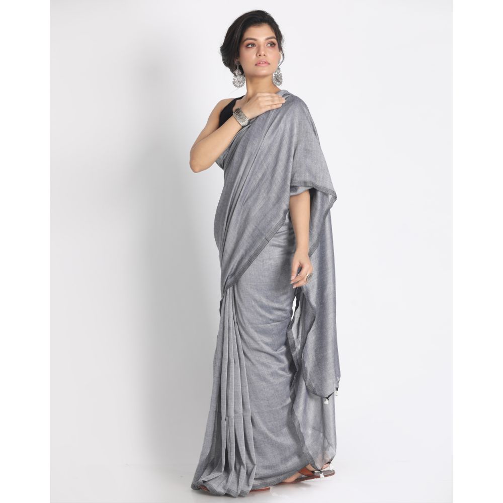 Women's Handspun Cotton Silver Grey Handloom Saree - Piyari Fashion