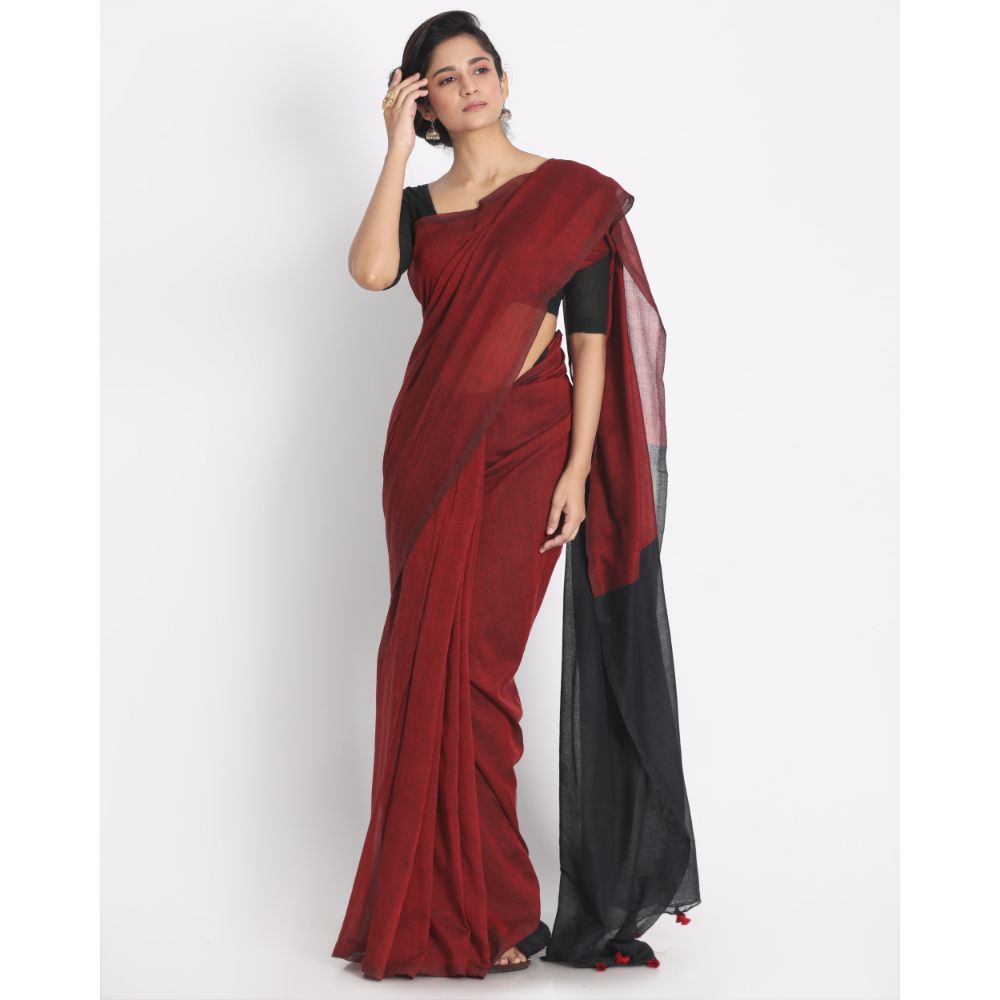 Women's Handspun Cotton Maroon Handloom Saree