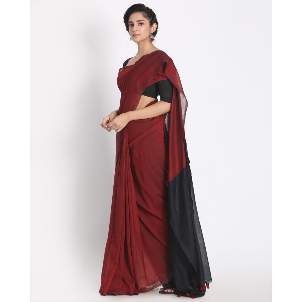 Women's Handspun Cotton Maroon Handloom Saree