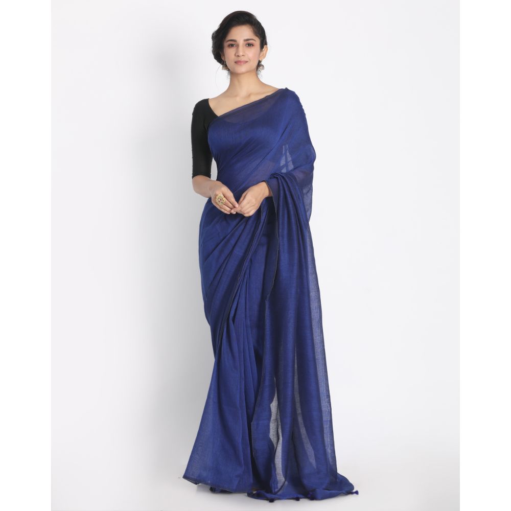 Women's Handspun Cotton Blue Handloom Saree - Piyari Fashion