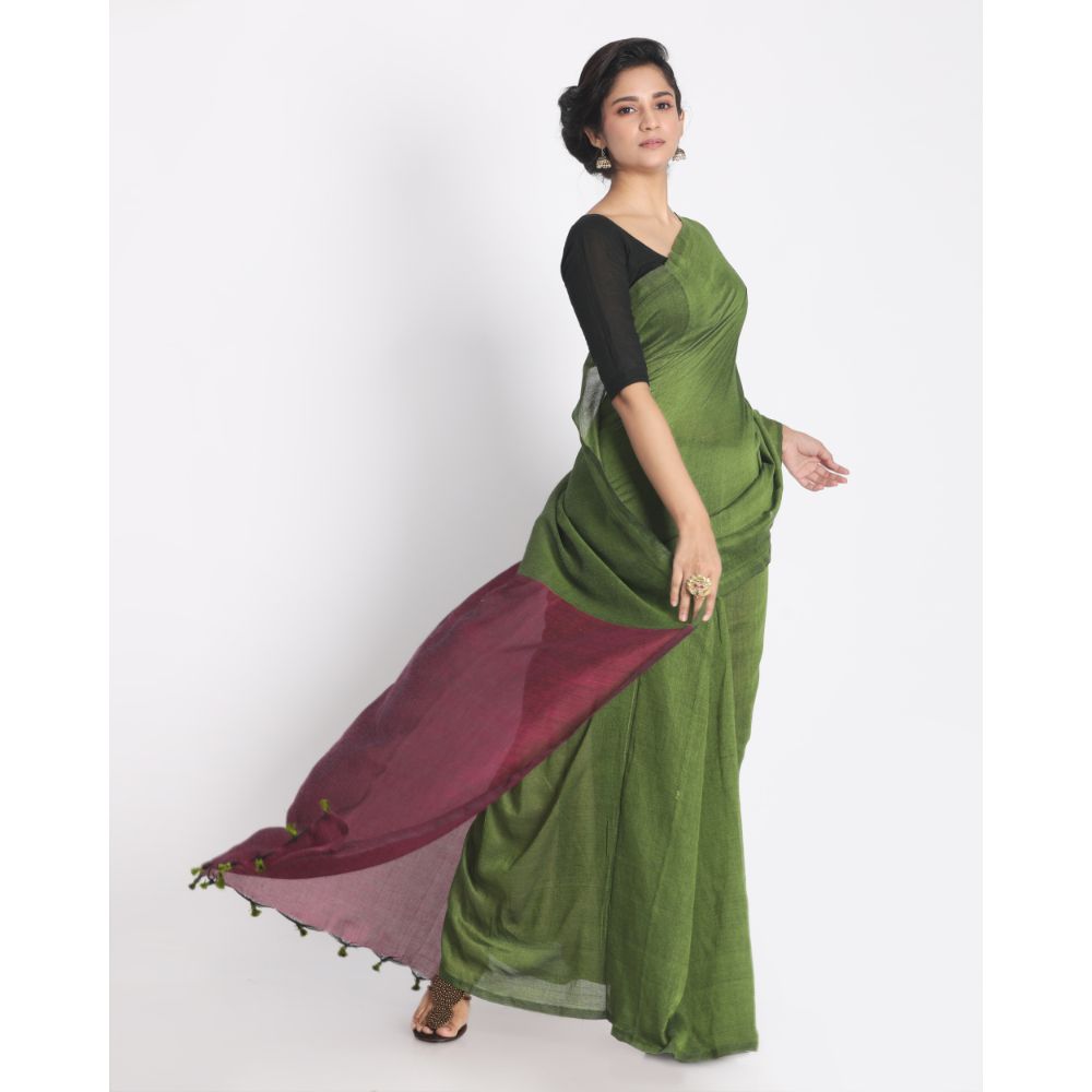 Women's Handspun Cotton Lime Handloom Saree - Piyari Fashion