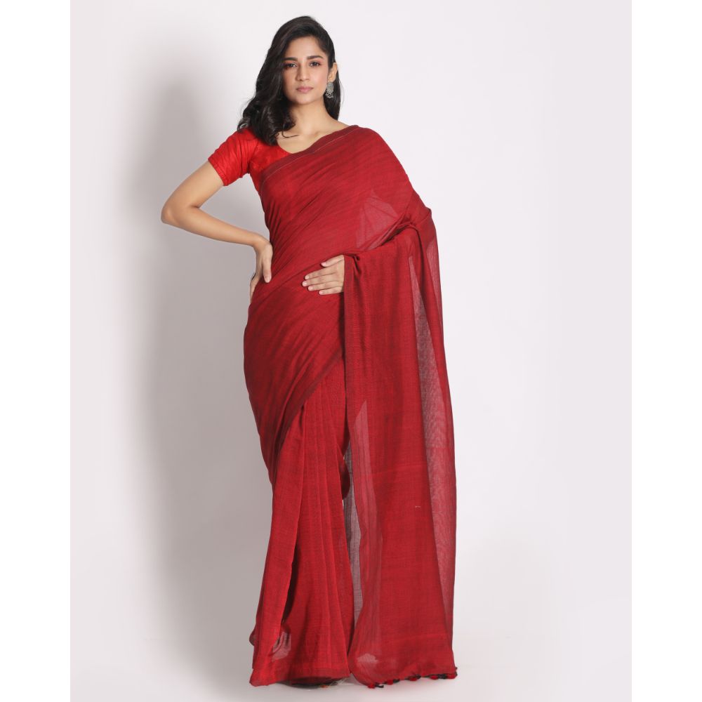 Women's Handspun Cotton Red Handloom Saree - Piyari Fashion
