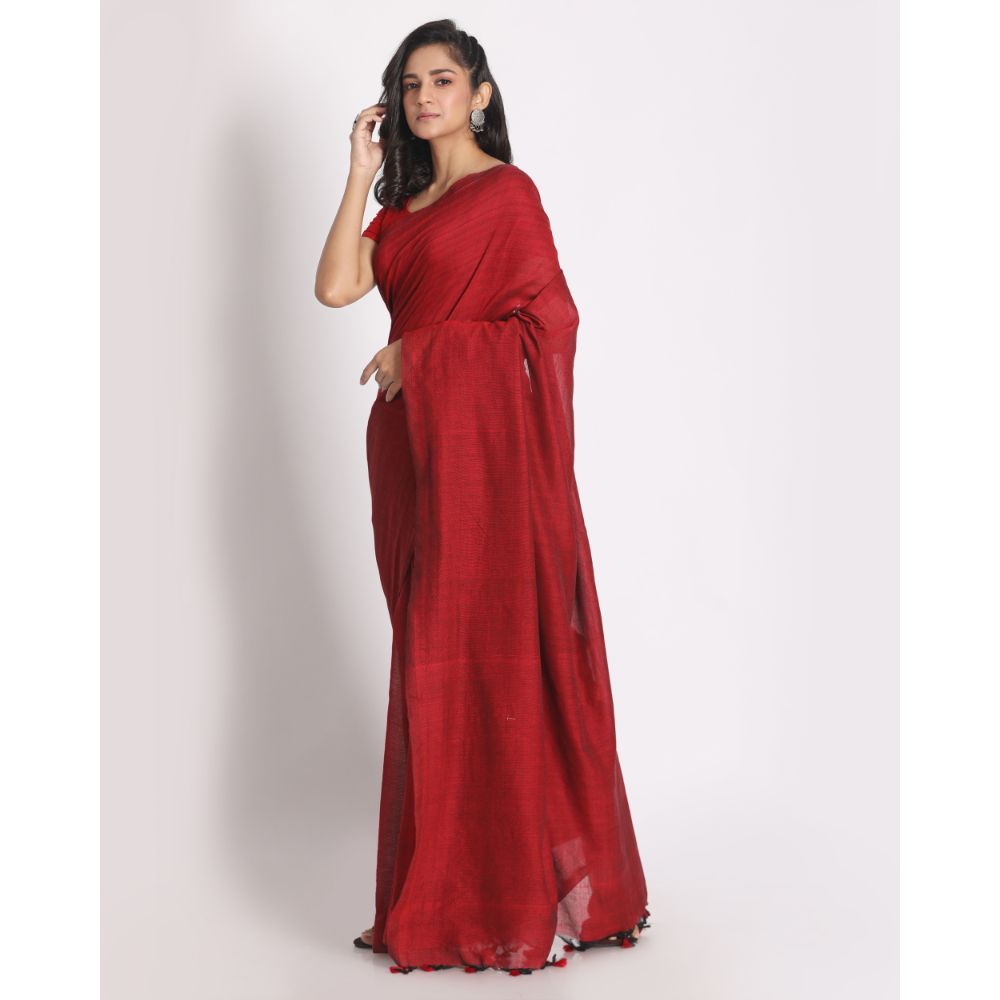 Women's Handspun Cotton Red Handloom Saree - Piyari Fashion