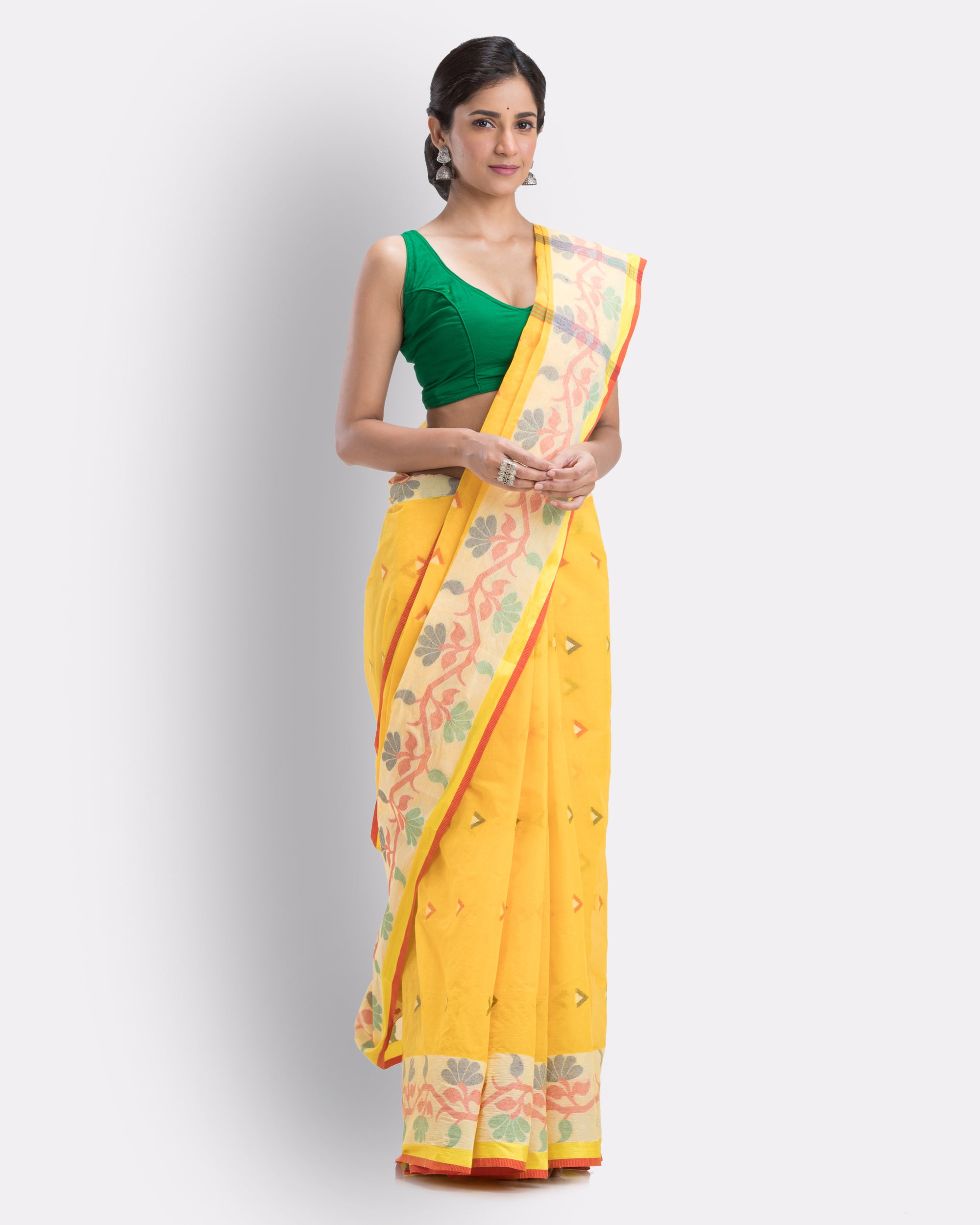 Women's Cotton Yellow Handloom Tant Saree - Piyari Fashion