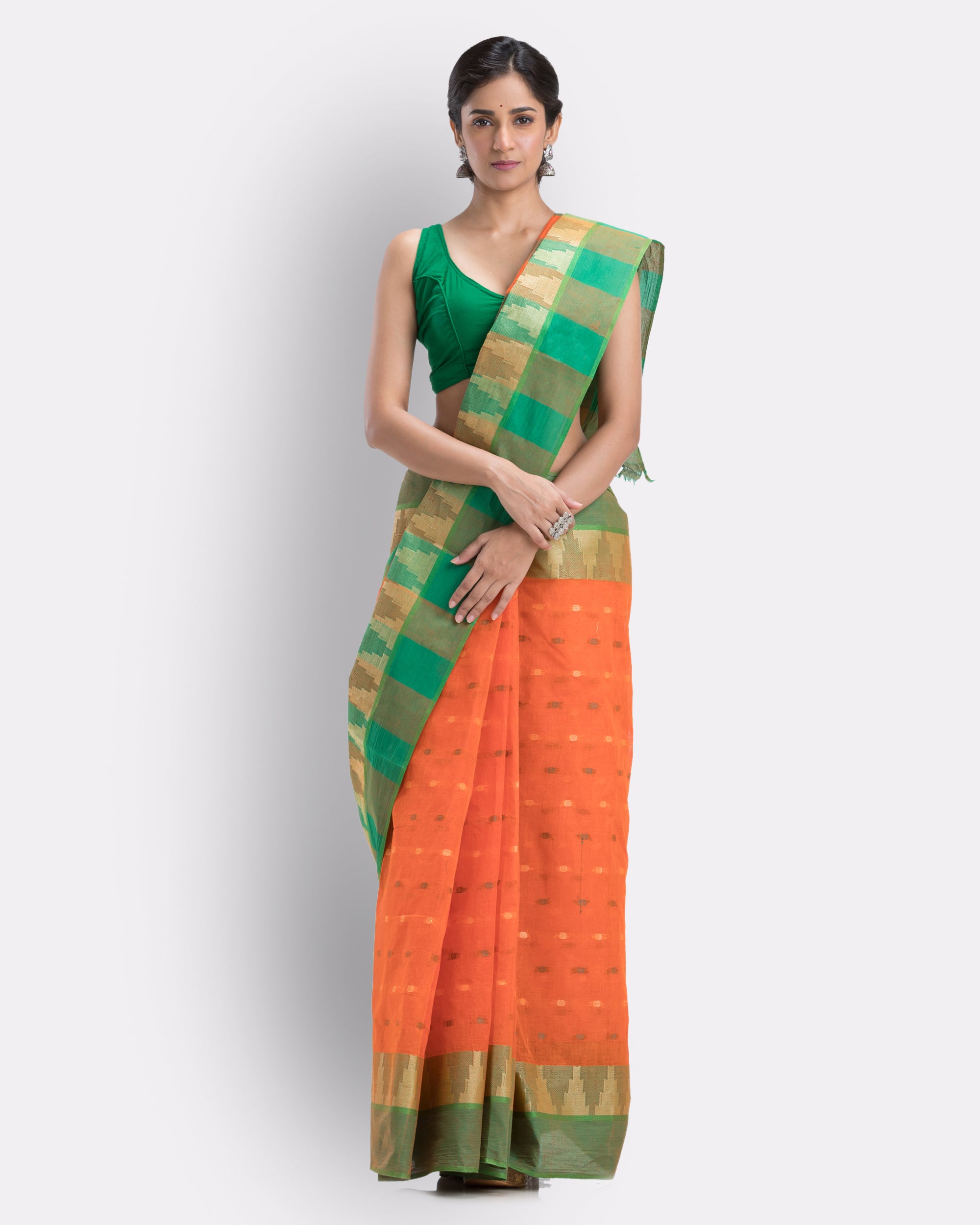 Women's Cotton Orange Handloom Tant Saree - Piyari Fashion
