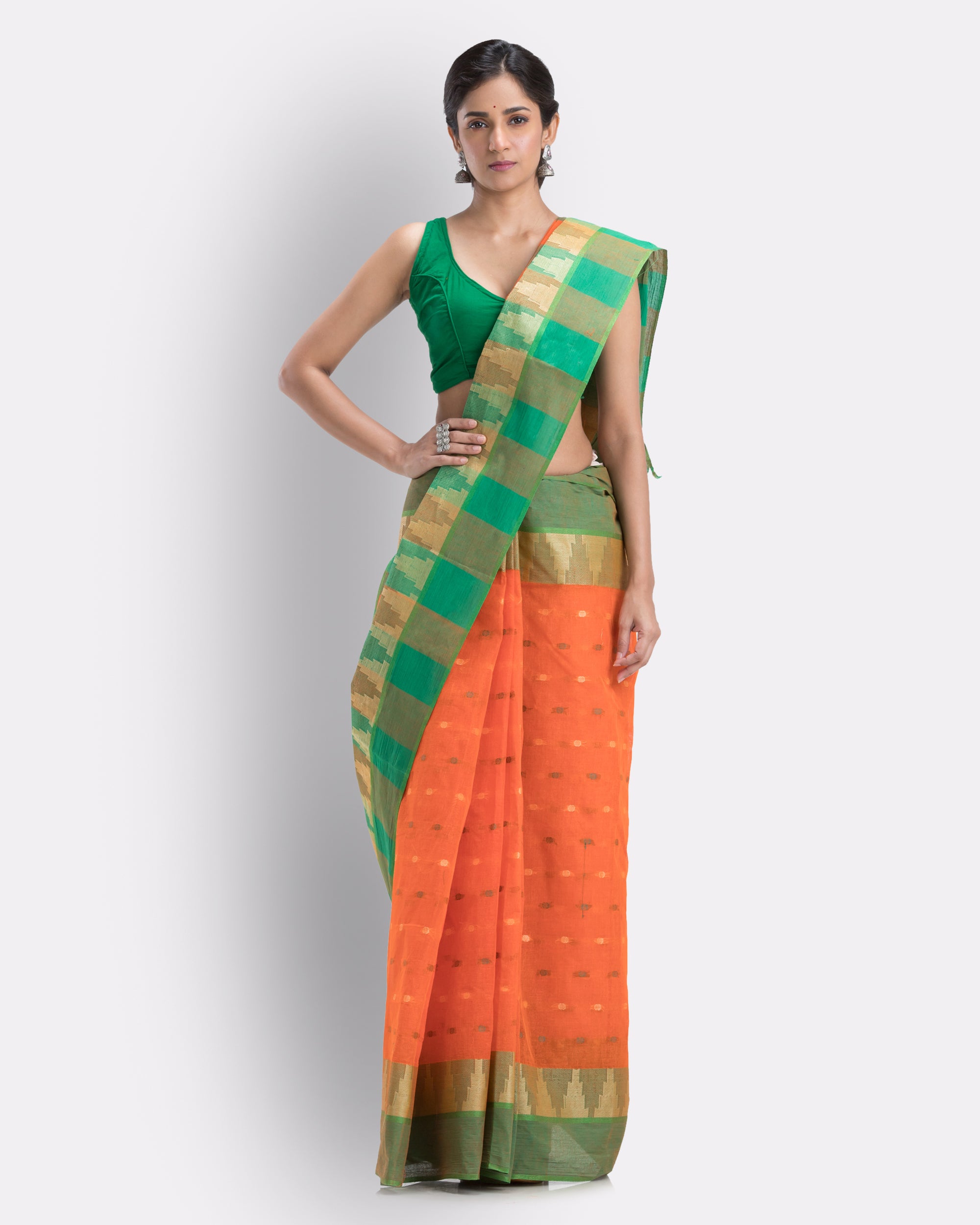Women's Cotton Orange Handloom Tant Saree - Piyari Fashion