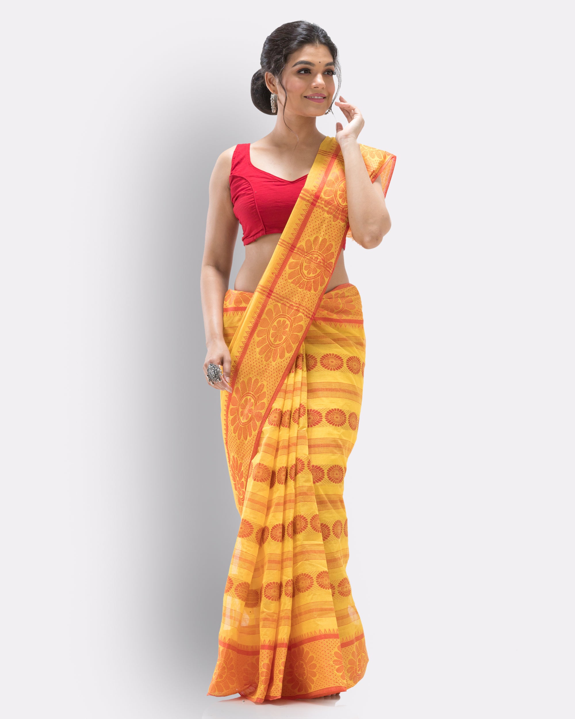 Women's Cotton Yellow Handloom Tant Saree - Piyari Fashion