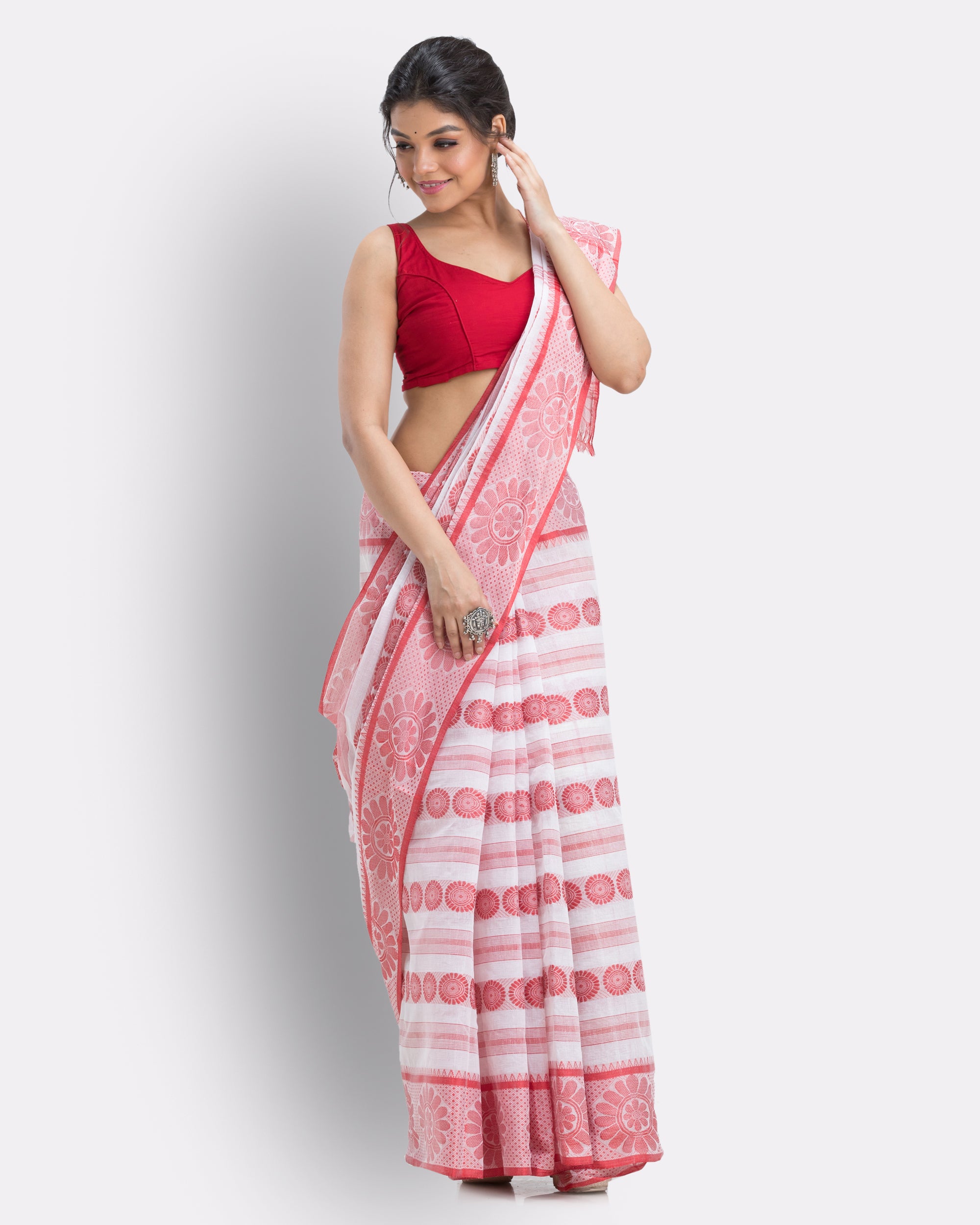 Women's Cotton White Handloom Tant Saree - Piyari Fashion