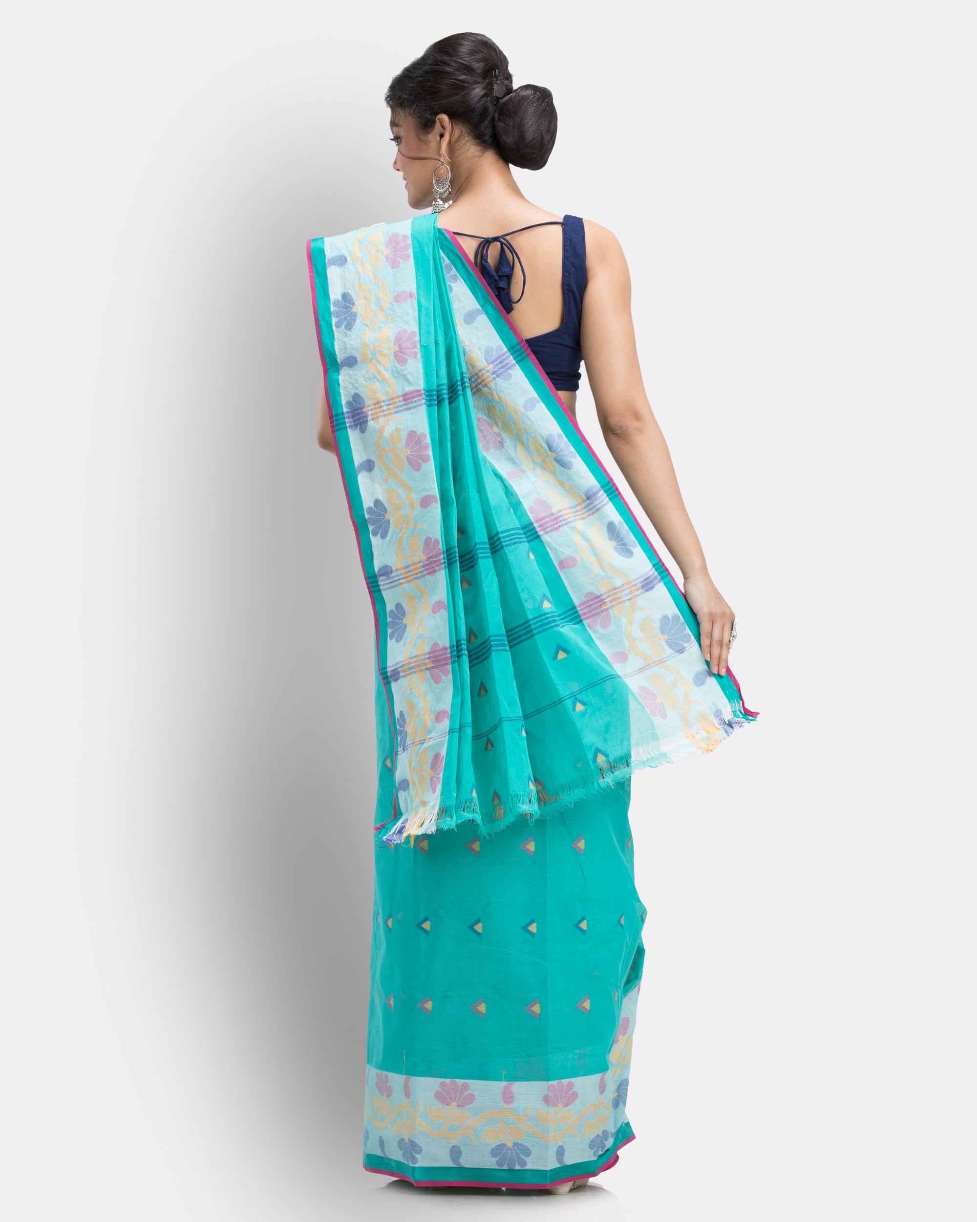 Women's Cotton Sky Blue Handloom Tant Saree - Piyari Fashion
