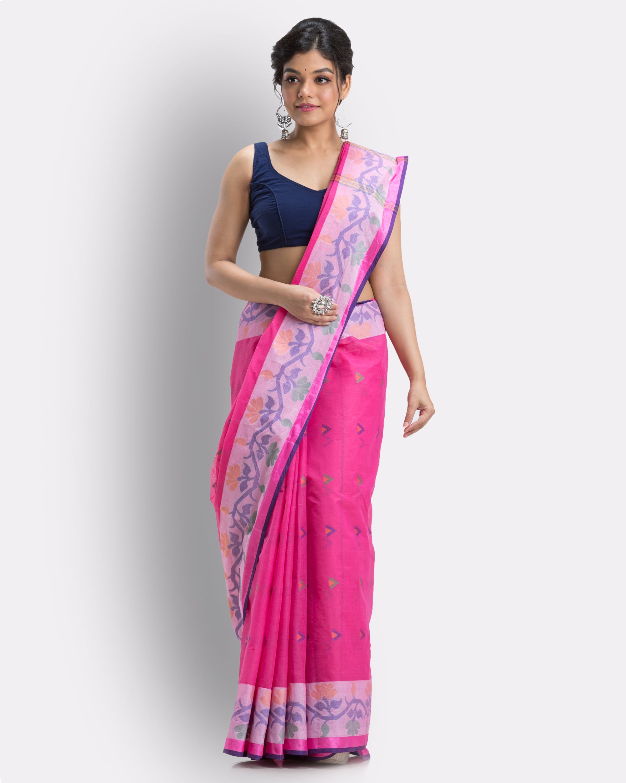 Women's Cotton Pink Handloom Tant Saree - Piyari Fashion