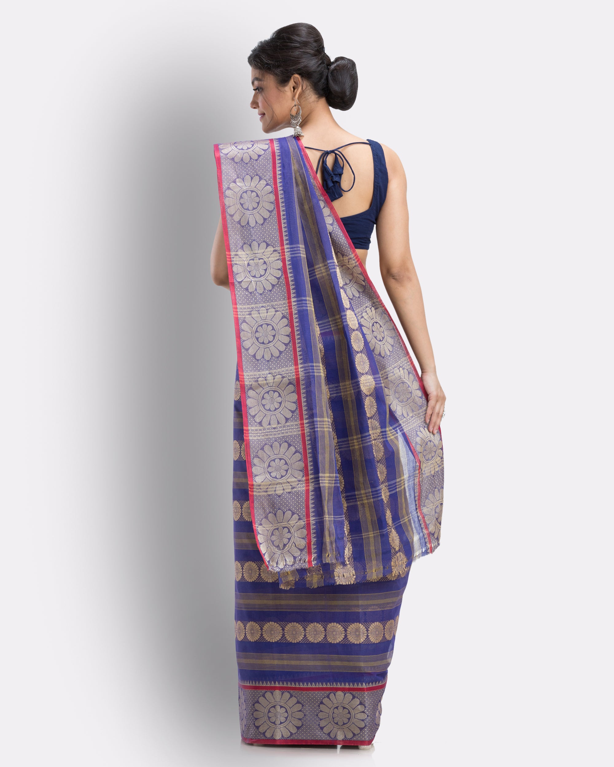 Women's Cotton Navy Blue Handloom Tant Saree - Piyari Fashion