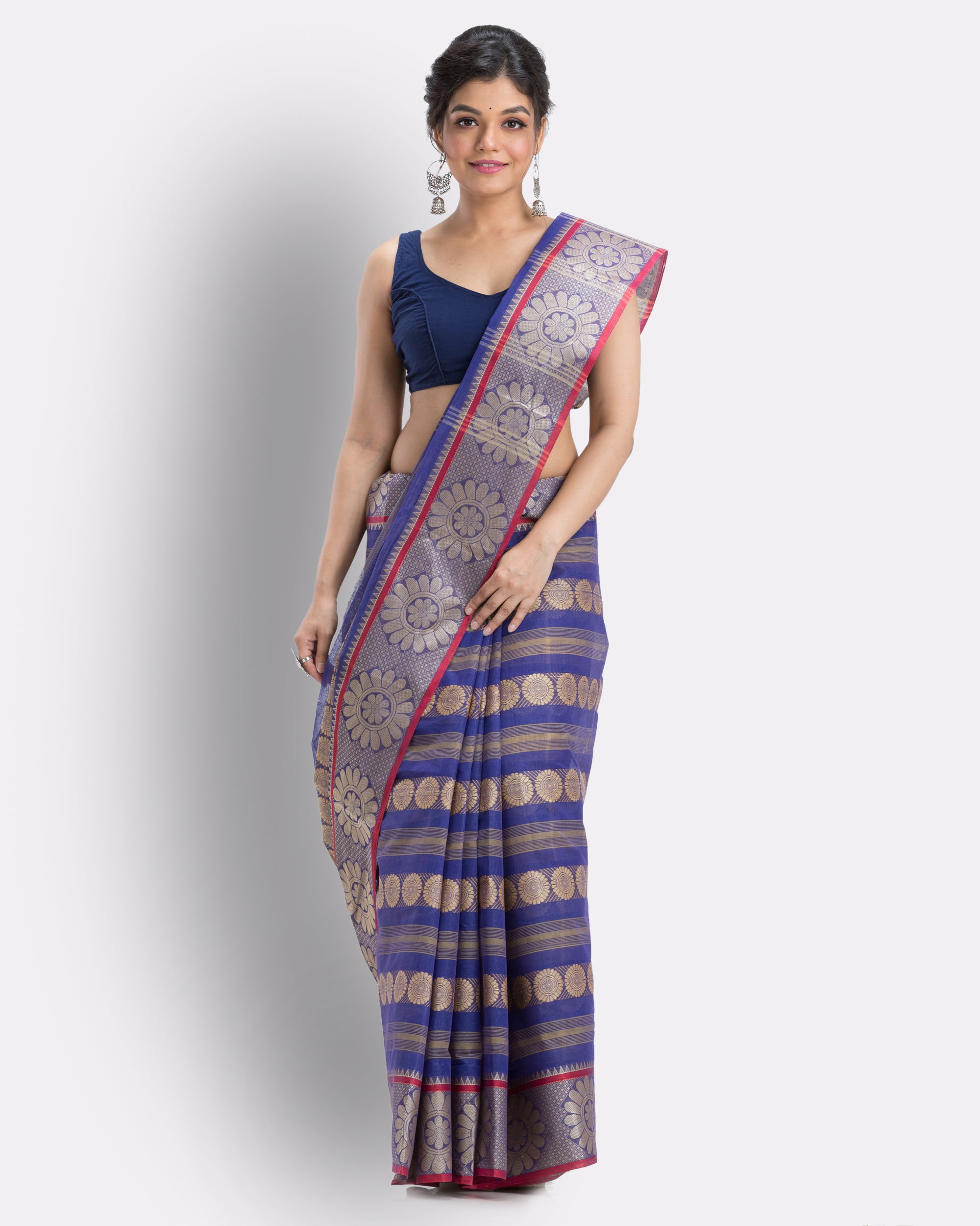 Women's Cotton Navy Blue Handloom Tant Saree - Piyari Fashion