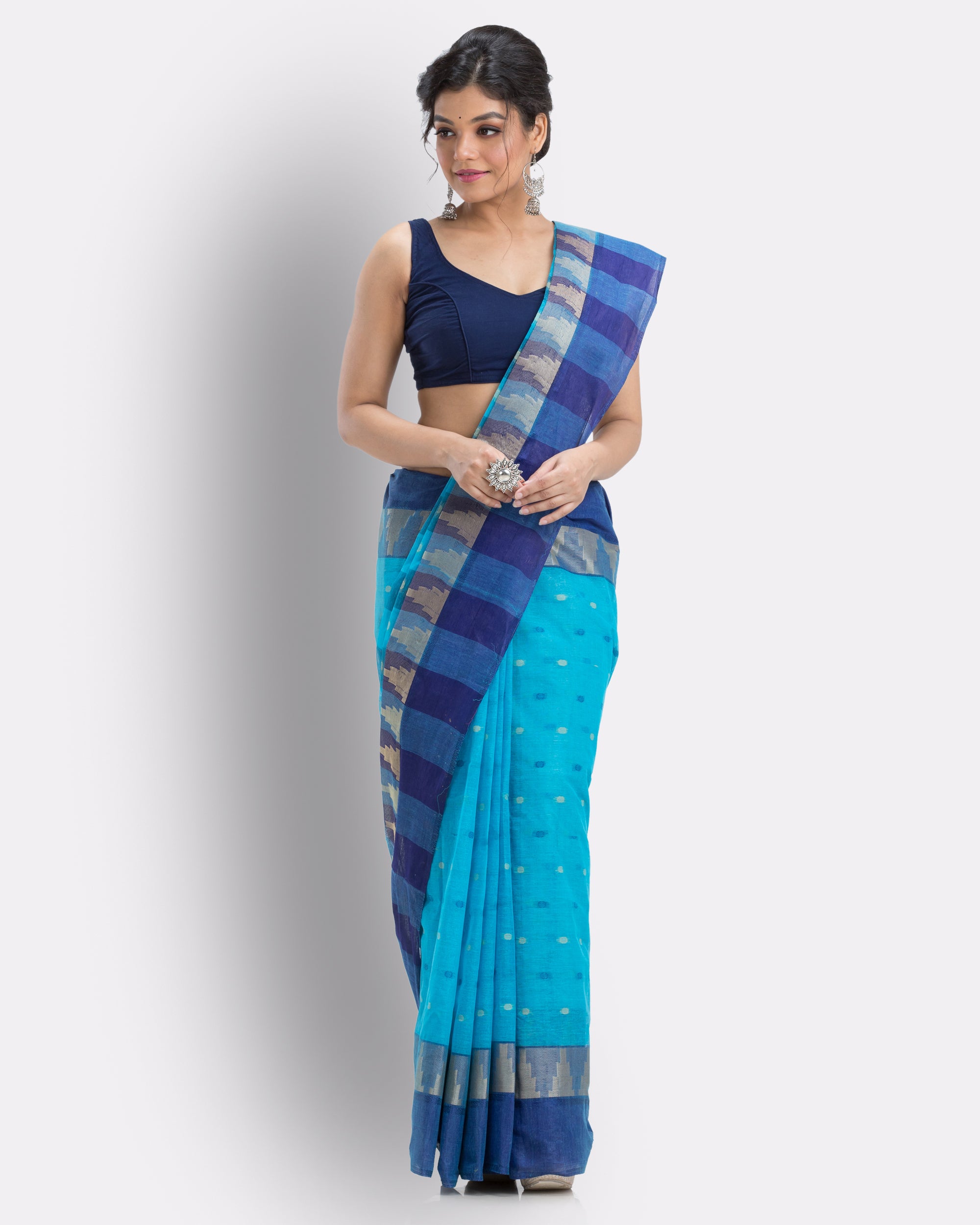 Women's Cotton Sky Blue Handloom Tant Saree - Piyari Fashion