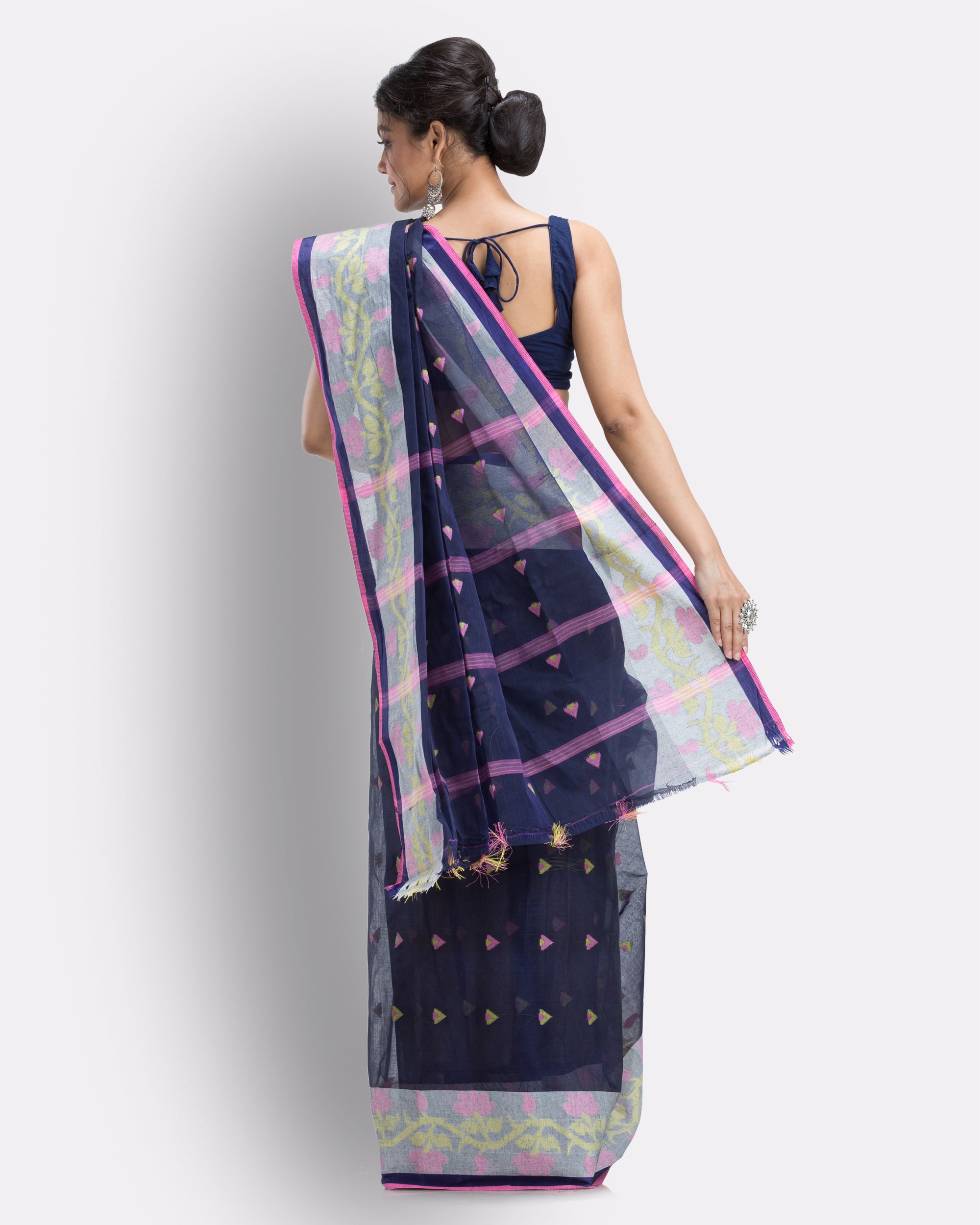 Women's Cotton Navy blue Handloom Tant Saree - Piyari Fashion