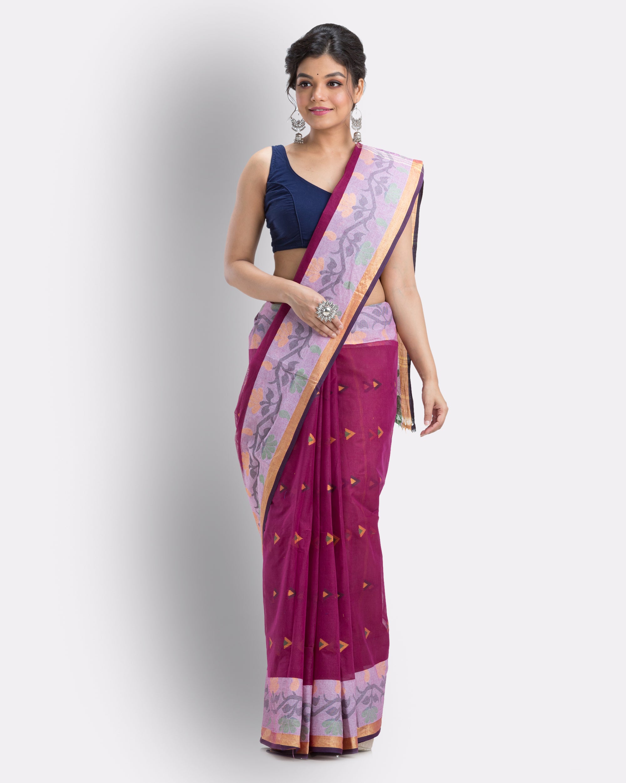 Women's Cotton Magenta Handloom Tant Saree - Piyari Fashion