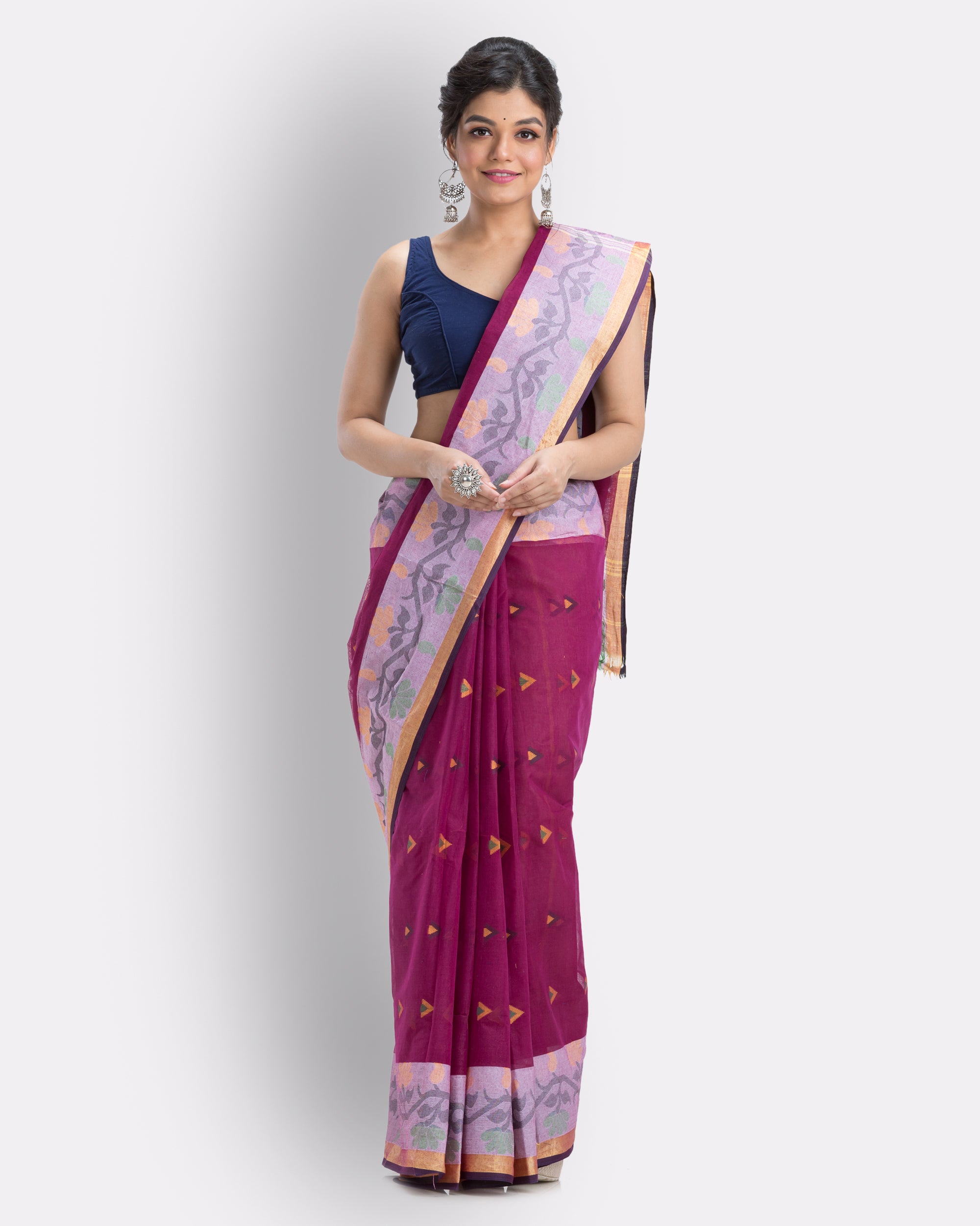 Women's Cotton Magenta Handloom Tant Saree - Piyari Fashion