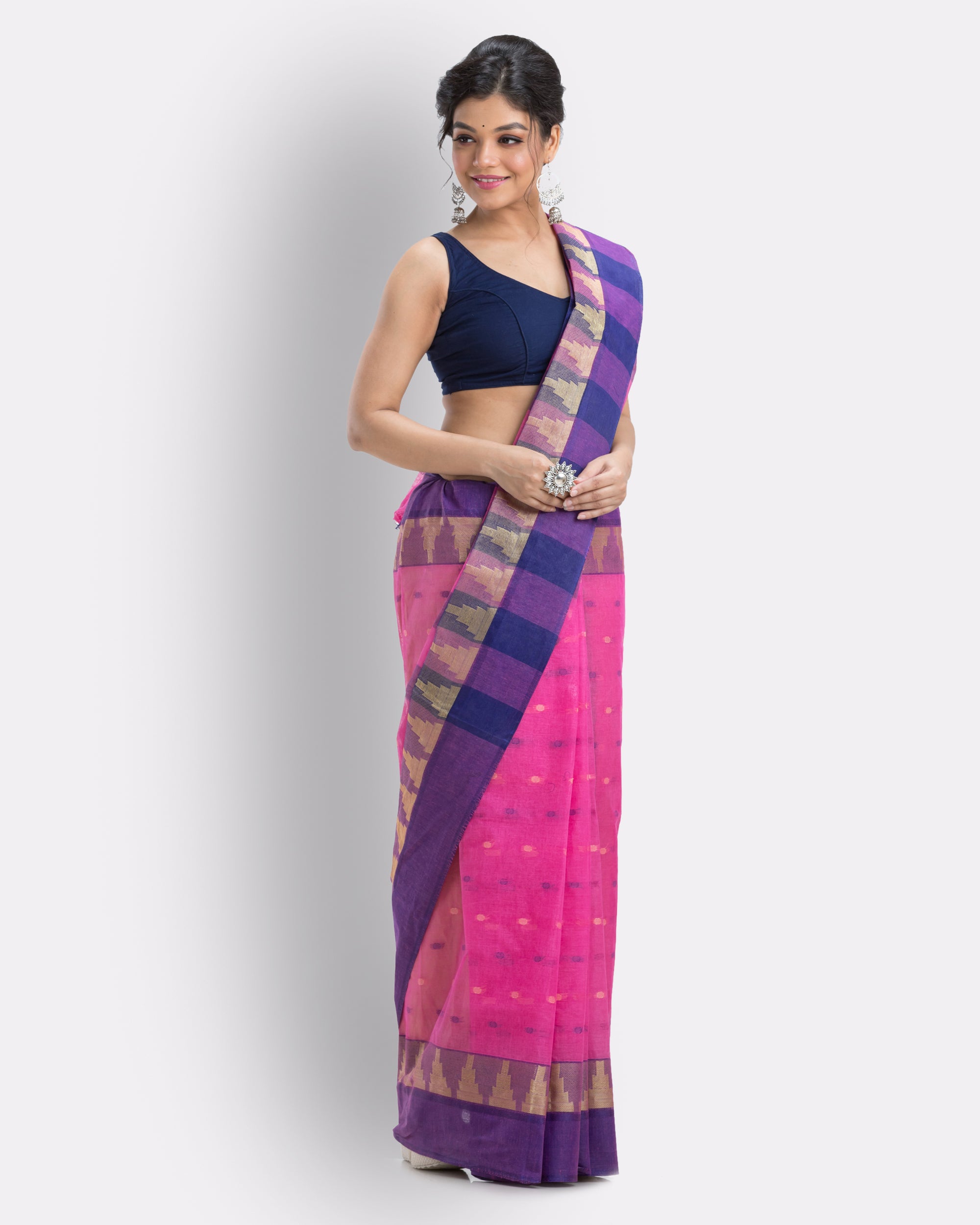 Women's Cotton Pink Handloom Tant Saree - Piyari Fashion
