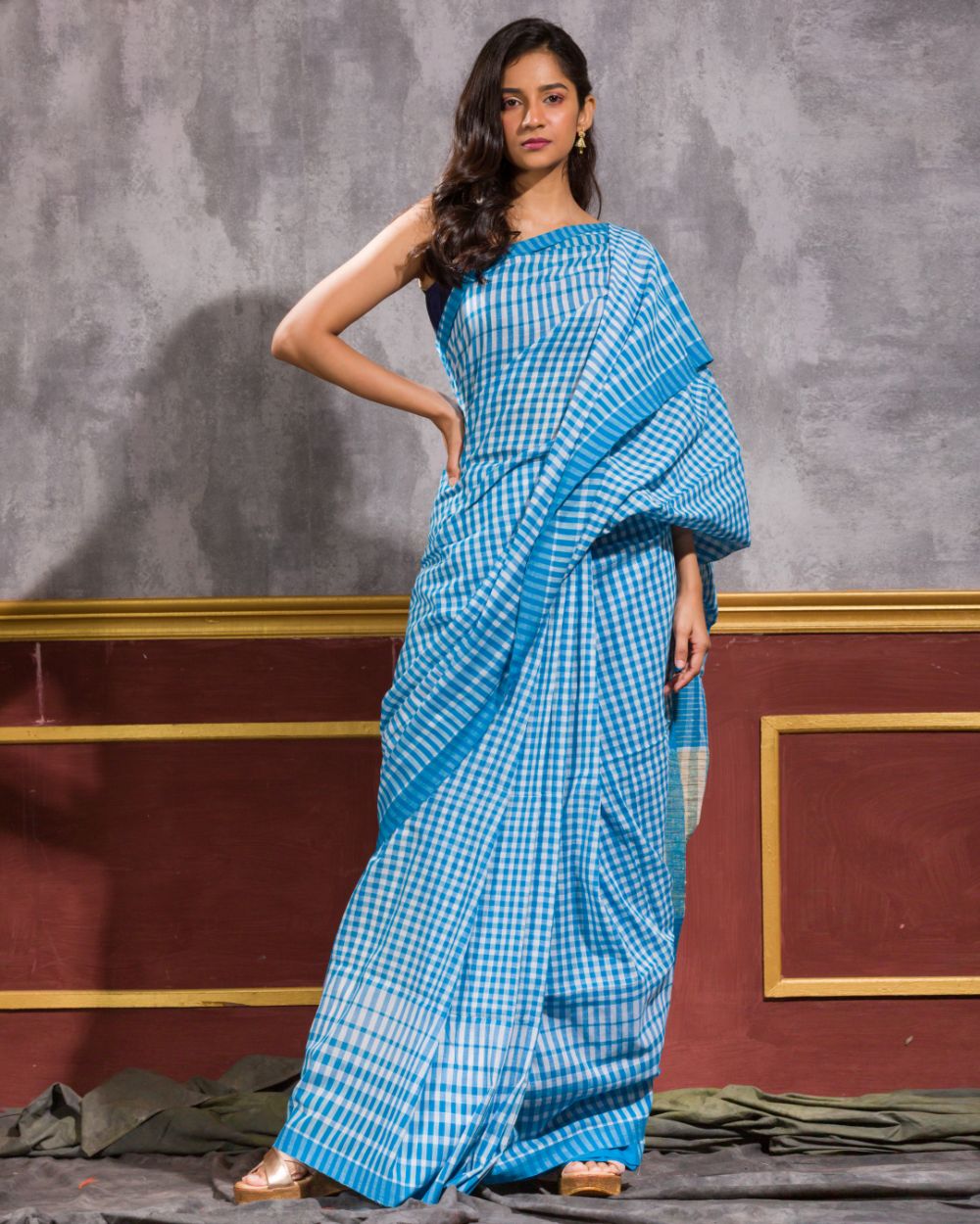 Women's Blue Handloom Cotton Gamchha Saree - Piyari Fashion