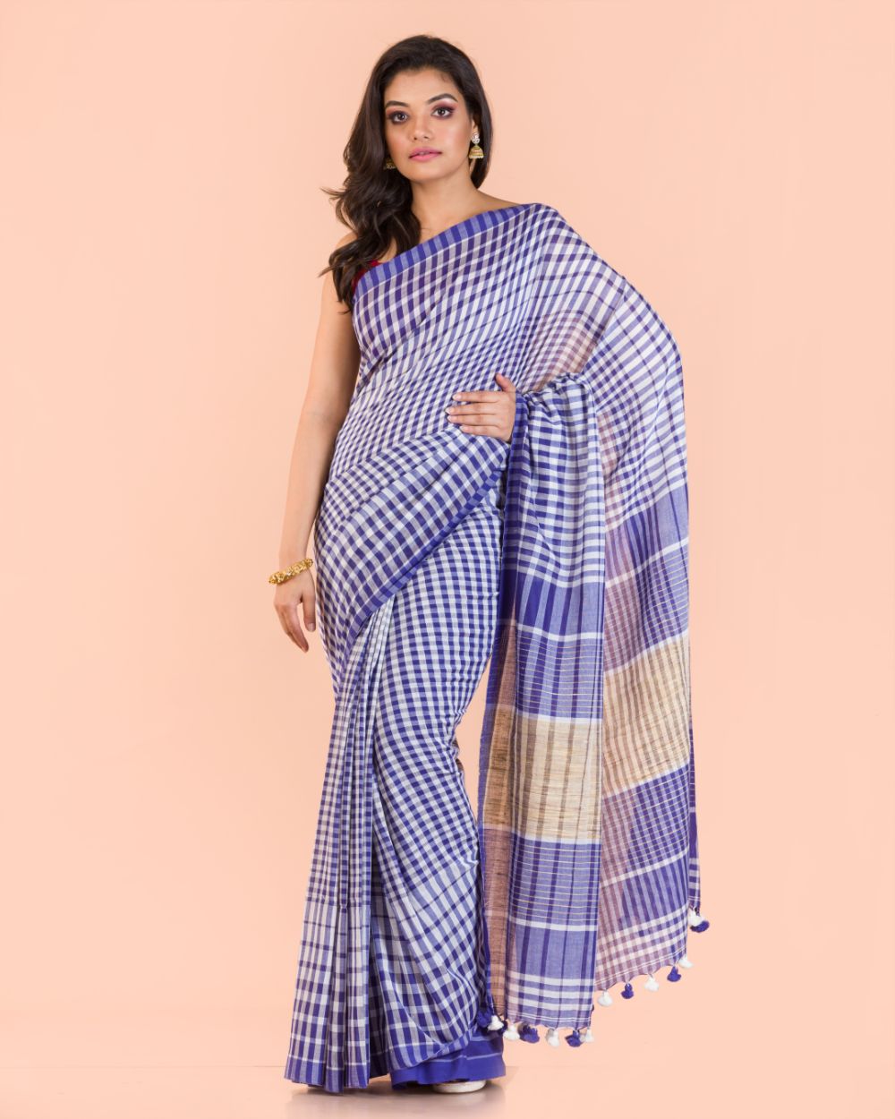 Women's Blue Handloom Cotton Gamchha Saree - Piyari Fashion