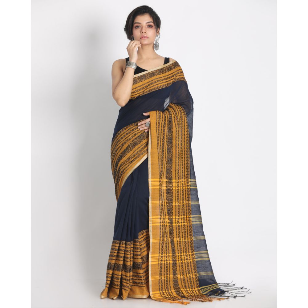 Women's Handspun Cotton Navy Blue Handloom Begampuri Saree