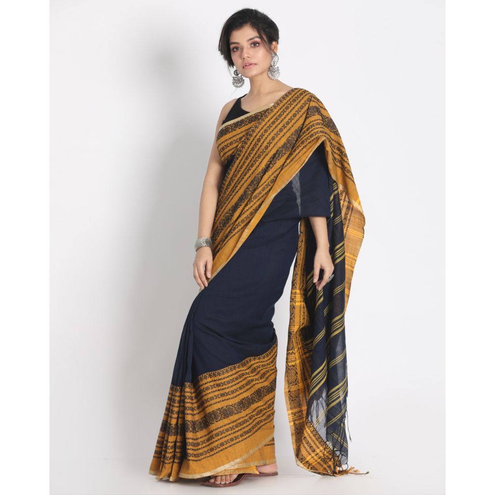 Women's Handspun Cotton Navy Blue Handloom Begampuri Saree