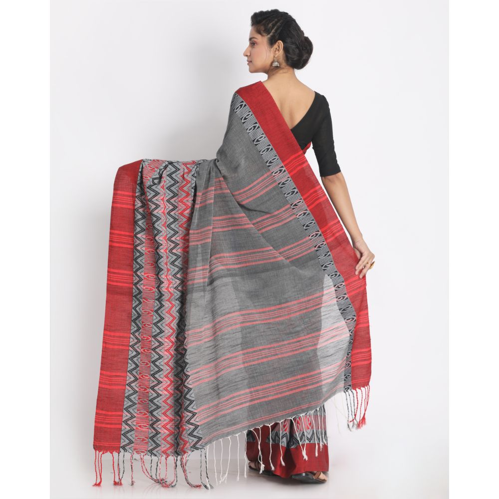 Women's Handspun Cotton Grey Handloom Begampuri Saree - Piyari Fashion