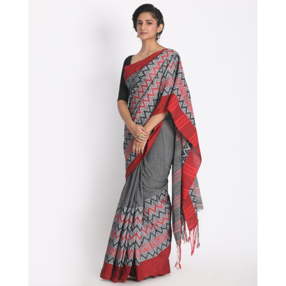Women's Handspun Cotton Grey Handloom Begampuri Saree - Piyari Fashion