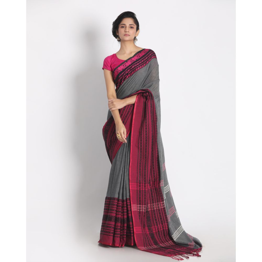 Women's Handspun Cotton Gray Handloom Begampuri Saree - Piyari Fashion