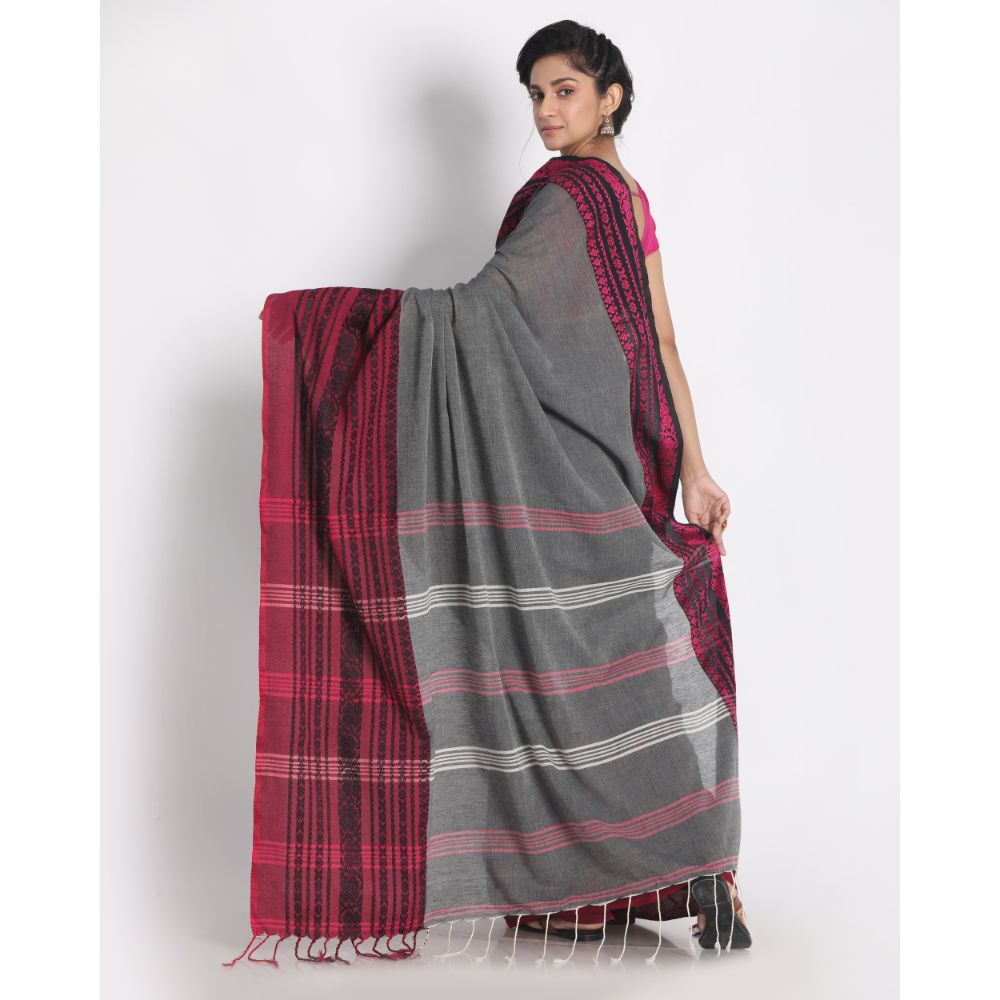 Women's Handspun Cotton Gray Handloom Begampuri Saree - Piyari Fashion