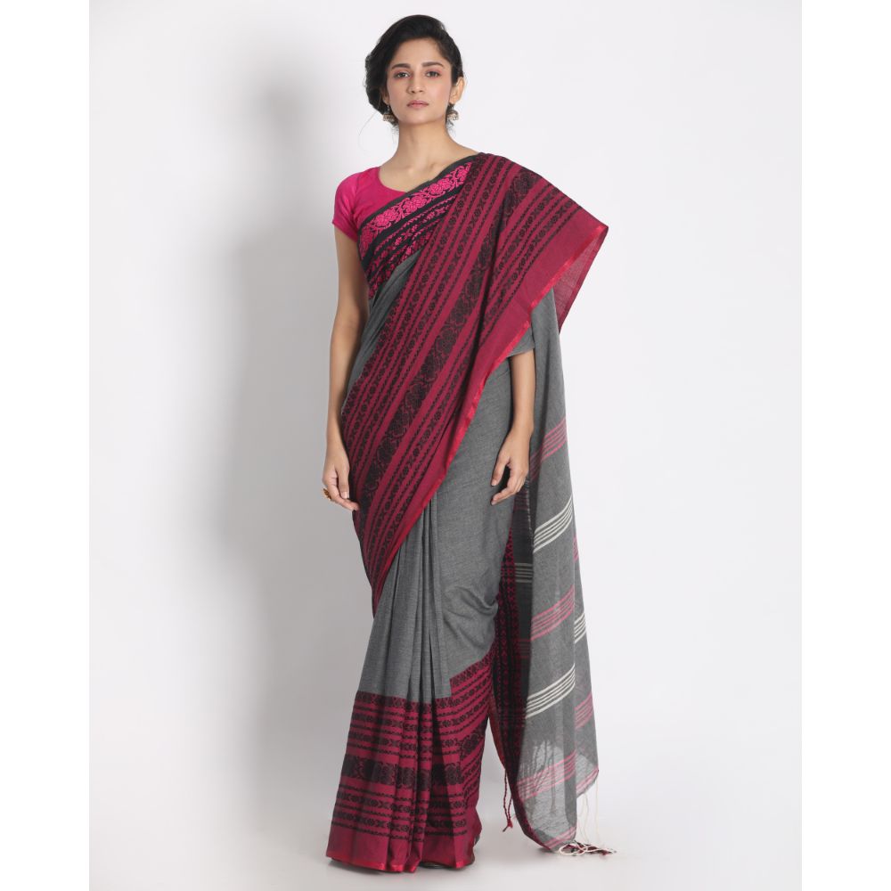 Women's Handspun Cotton Gray Handloom Begampuri Saree