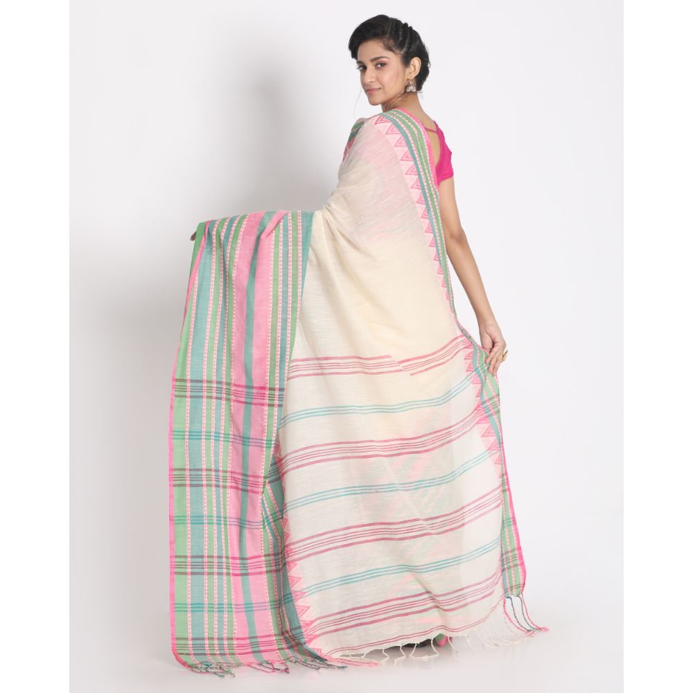 Women's Handspun Cotton White Handloom Begampuri Saree - Piyari Fashion