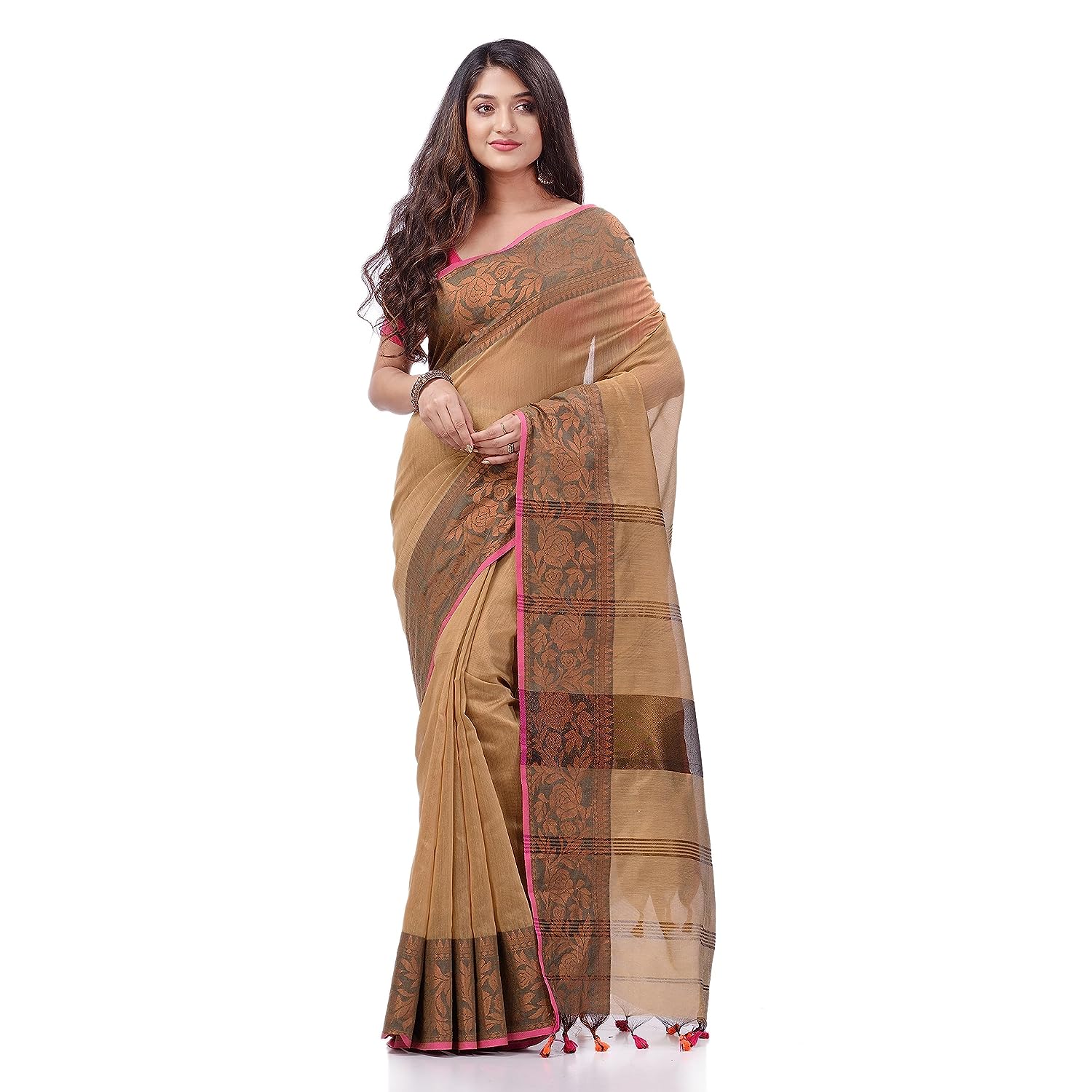 Women's Cotton Handloom Cotton Silk Saree Gulab Work With Blouse Piece - Piyari Fashion