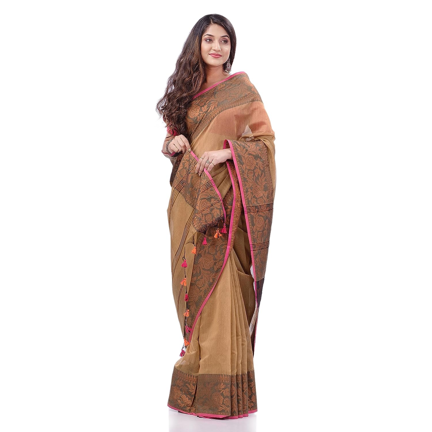 Women's Cotton Handloom Cotton Silk Saree Gulab Work With Blouse Piece - Piyari Fashion