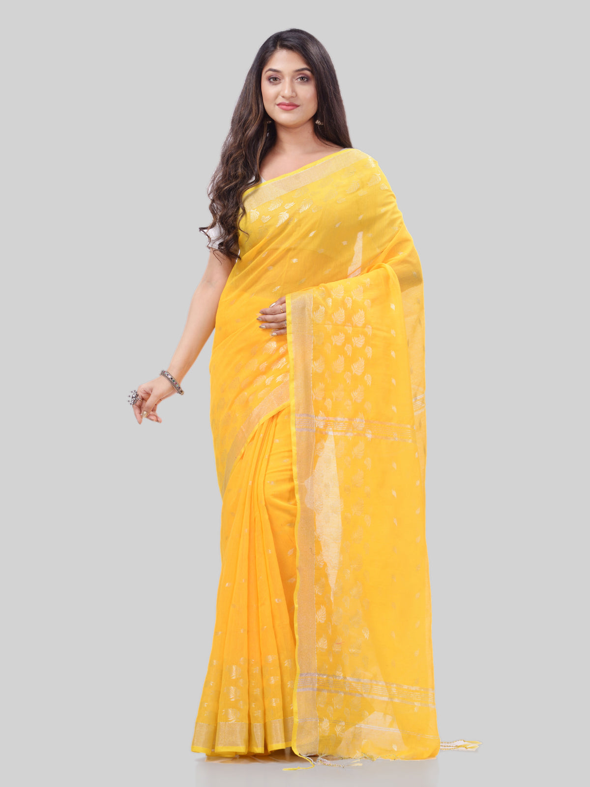 Women's Tant Cotton Silk Yellow Handloom Saree Flowting Leaves Work - Piyari Fashion