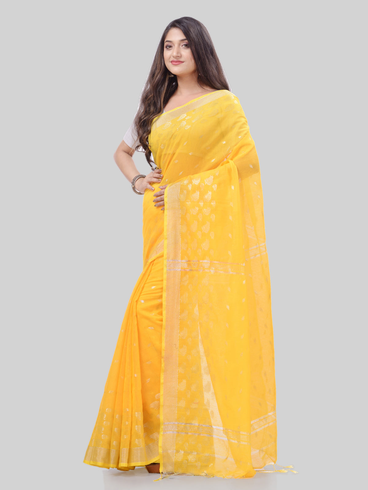 Women's Tant Cotton Silk Yellow Handloom Saree Flowting Leaves Work - Piyari Fashion