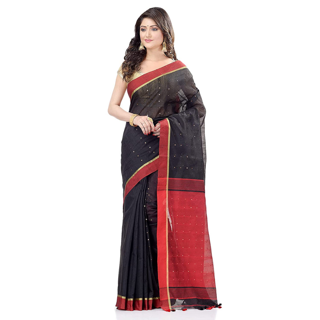 Women's Tant Silk Handloom Black Cotton Saree Sequence Work