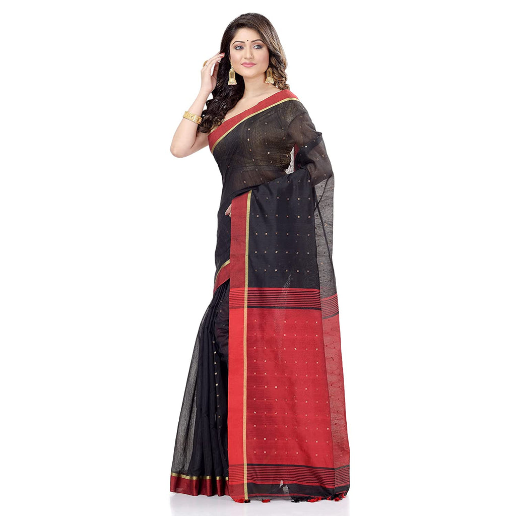 Women's Tant Silk Handloom Black Cotton Saree Sequence Work