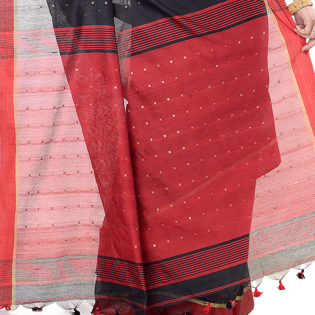 Women's Tant Silk Handloom Black Cotton Saree Sequence Work