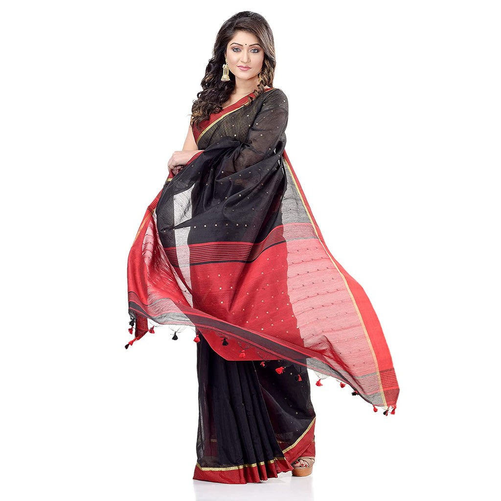 Women's Tant Silk Handloom Black Cotton Saree Sequence Work
