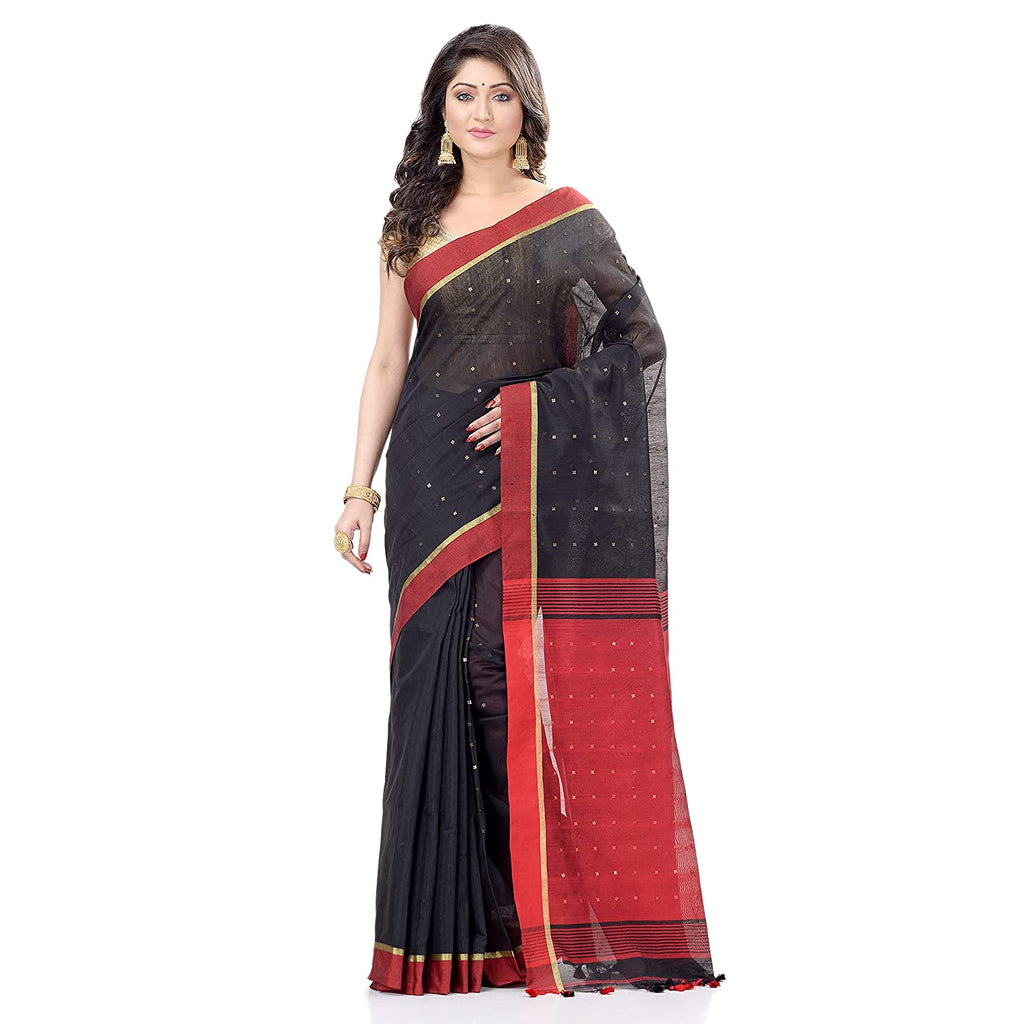 Women's Tant Silk Handloom Black Cotton Saree Sequence Work