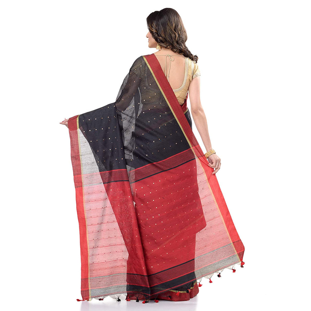Women's Tant Silk Handloom Black Cotton Saree Sequence Work