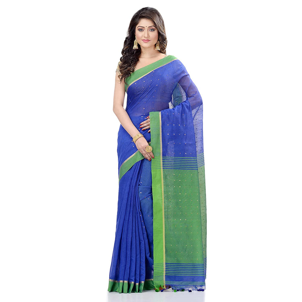Women's Tant Silk Handloom Royal Blue Cotton Saree Sequence Work