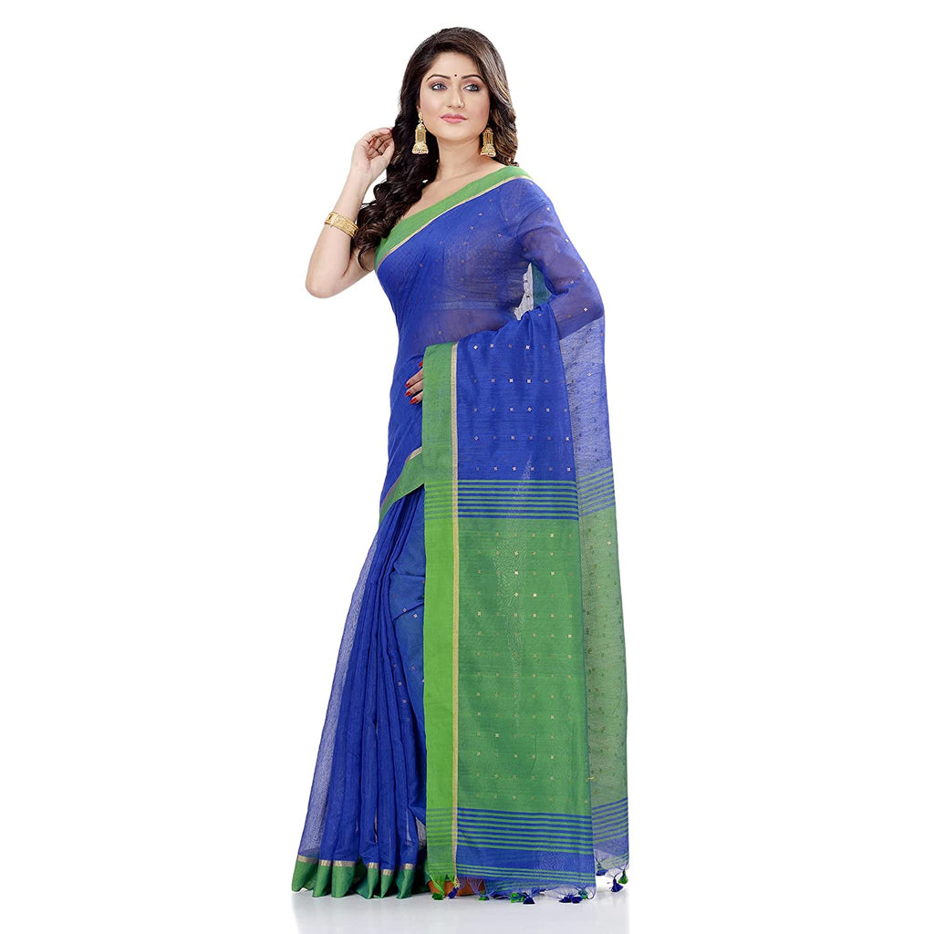 Women's Tant Silk Handloom Royal Blue Cotton Saree Sequence Work