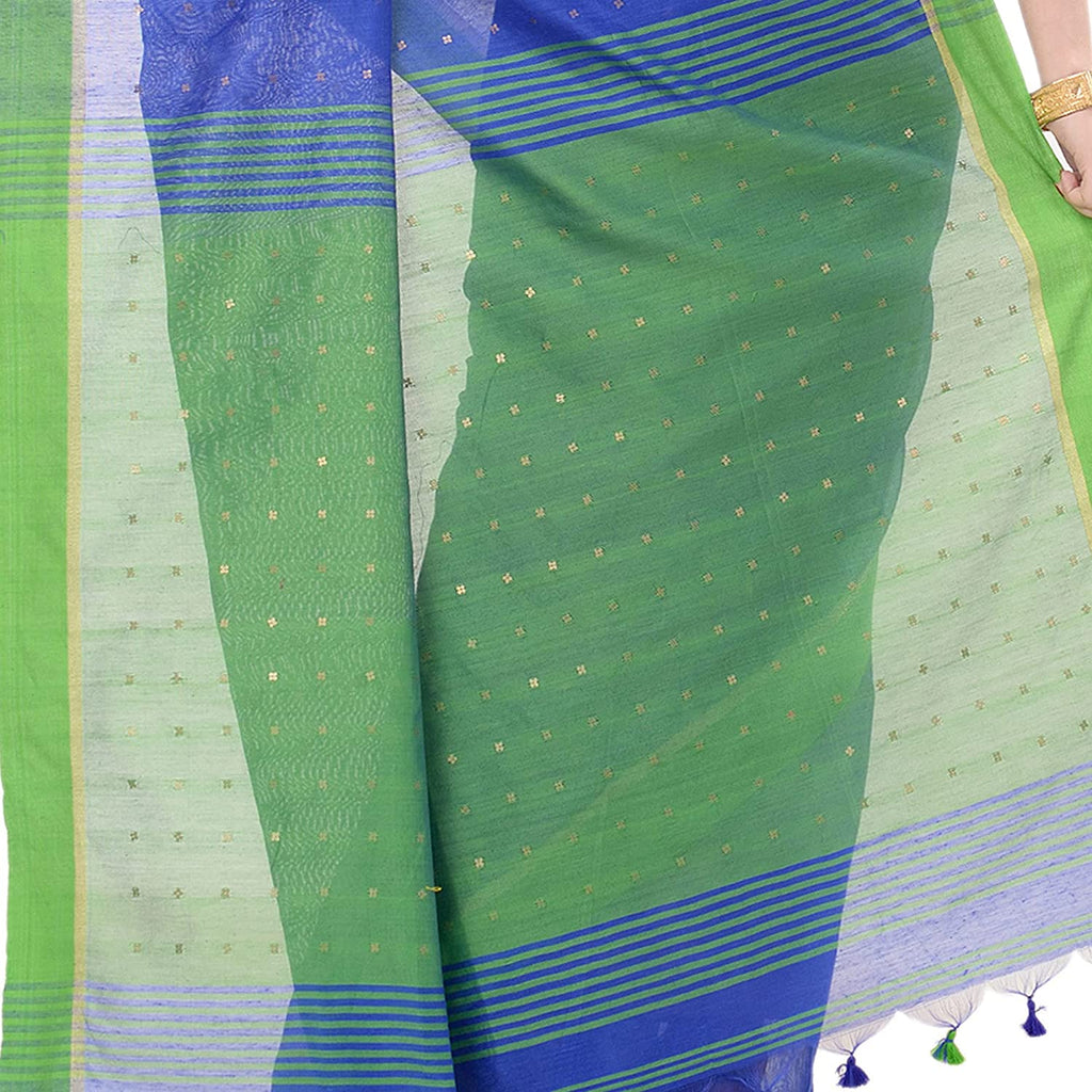 Women's Tant Silk Handloom Royal Blue Cotton Saree Sequence Work