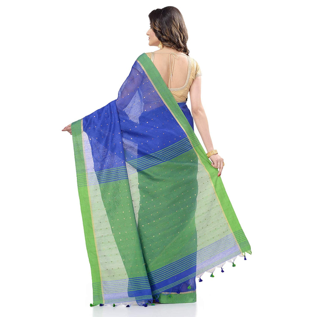 Women's Tant Silk Handloom Royal Blue Cotton Saree Sequence Work