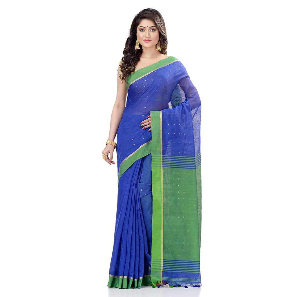 Women's Tant Silk Handloom Royal Blue Cotton Saree Sequence Work