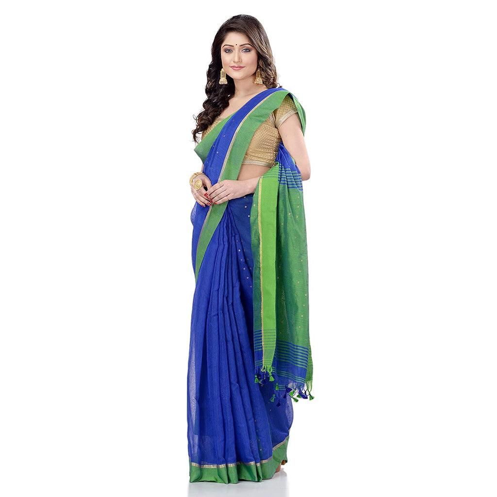 Women's Tant Silk Handloom Royal Blue Cotton Saree Sequence Work