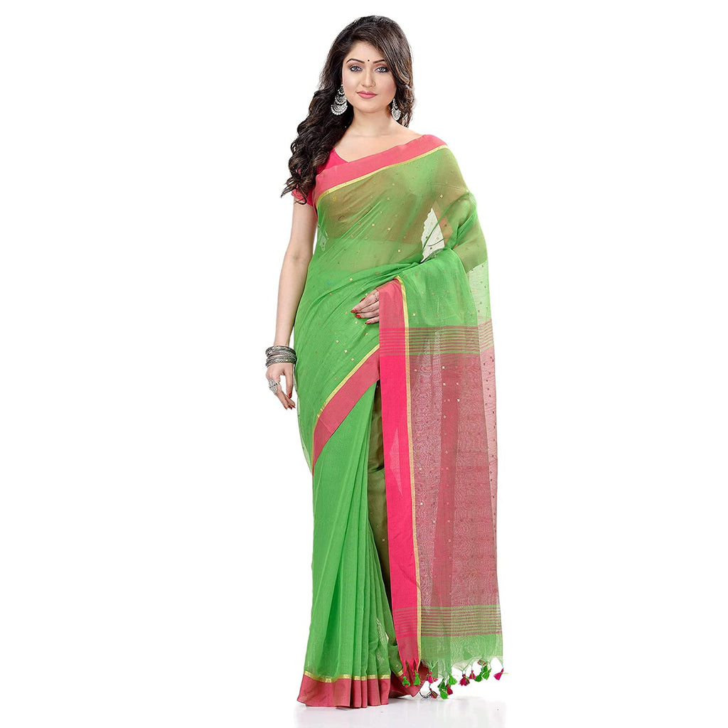Women's Tant Silk Handloom Green Cotton Saree Sequence Work
